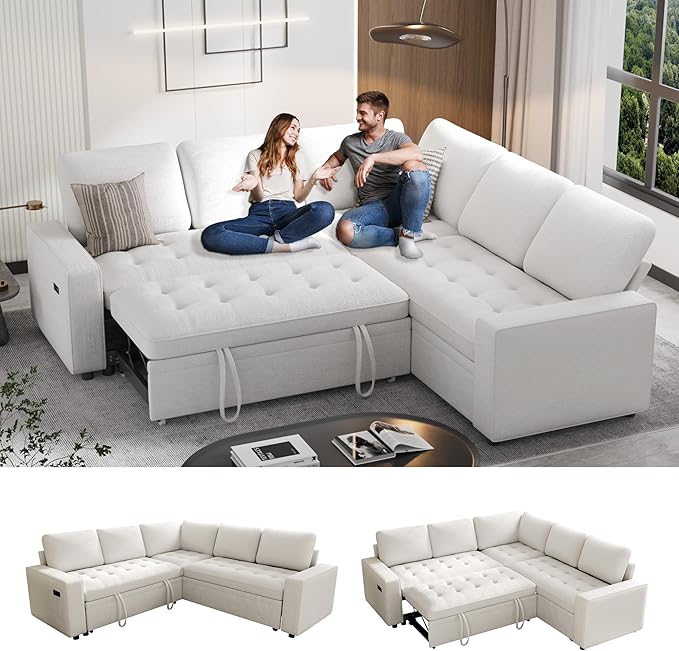 Sunny Heart Chenille Modular Sectional Sleeper Sofa with Pull Out Bed L Shaped Sectional Sofa with USB Ports/Adjustable Backrest/Storage Seats Tool-Free Assembly Couches for Living Room Beige