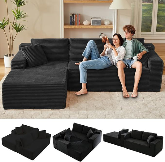 Minimalist Boneless Cloud Couches for Living Room Corduroy L Shaped Modular Sectional Sofa Couch W/Deep Seat &amp High-Back Comfy Memory Foam Couch Sofa in A Box (Black Left Facing Chaise)