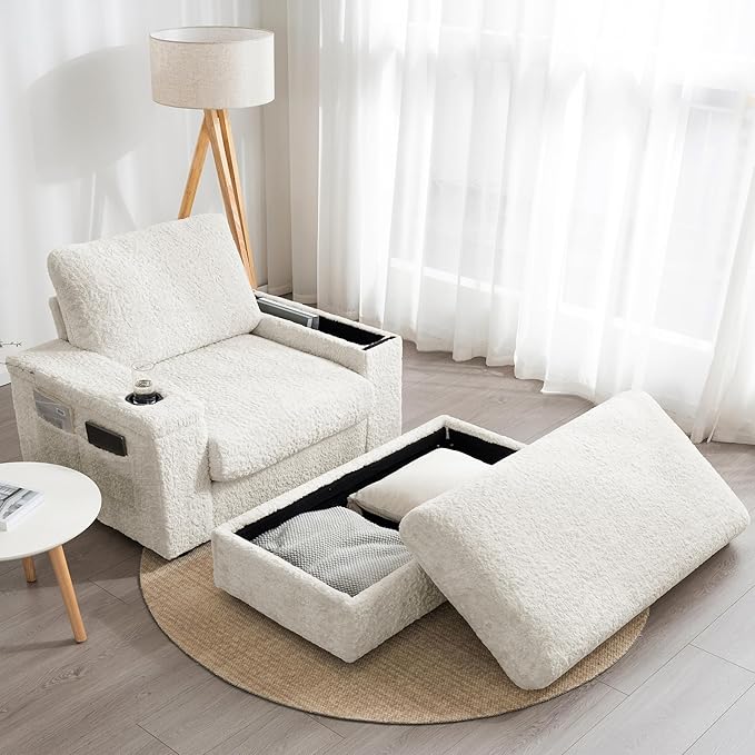 P PURLOVE Oversized Chaise Lounge Chair Indoor with Storage and OttomanSleeper Chair with Cup Holder and Storage ArmrestReclining Chair for Living RoomBedroomOffice