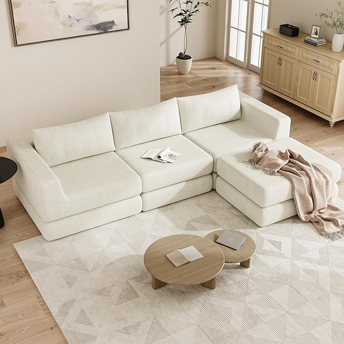 Cloud Boneless Modular Sectional Sofa 95.5 Modern Chenille Couch for Living Room Convertible Sleeper Sofa Bed Ergonomic Seating Cloud Couch Sectional No Assembly Required Beige