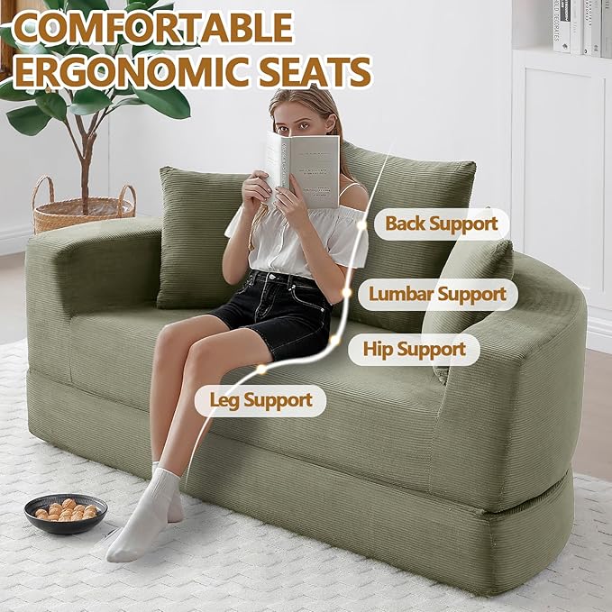 67” Foldable Couch Bed Corduroy Round Floor Couch with 3 Comfy Pillows 2 in 1 Convertible Sofa Bed for Living Room Apartment 380 LBS Capacity No Assembly (Green)