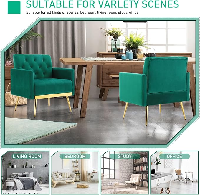 Velvet Accent Chairs Set of 2 Modern Button Tufted Armchair with Metal Legs Small Comfy Upholstered Single Reading Club Chair for Living Room Bedroom Office Decorative(Green)