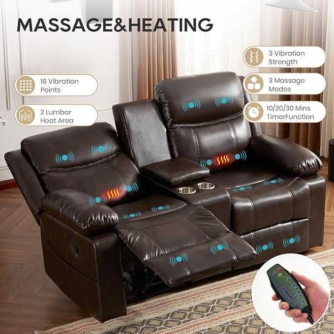 Recliner Sofa Reclining Loveseat Sofa with Massage &amp Heat Reclining Couch with Side Pockets Extra Storage Cup Holders for Living Room