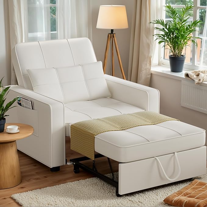 JUMMICO Sleeper Chair 3-in-1 Convertible Sleeper Sofa Bed for Adults Linen Fabric Pull Out Chair Bed with Adjustable Backrest Couches for Living Room Apartment Office Small Space (Beige)