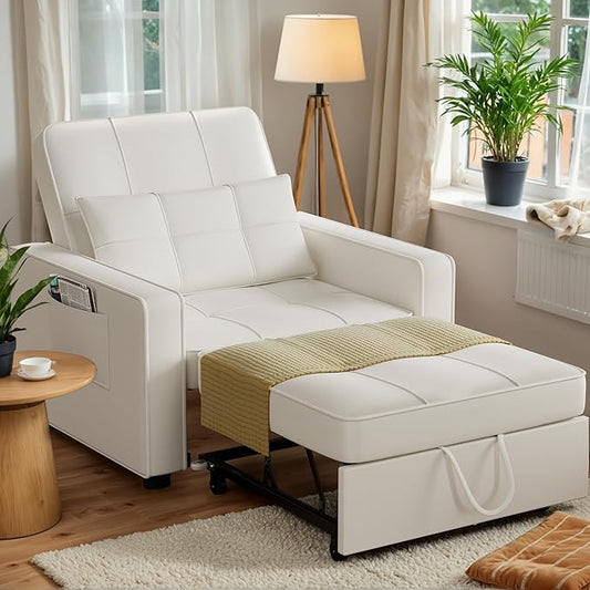 JUMMICO Sleeper Chair 3-in-1 Convertible Sleeper Sofa Bed for Adults Linen Fabric Pull Out Chair Bed with Adjustable Backrest Couches for Living Room Apartment Office Small Space (Beige)