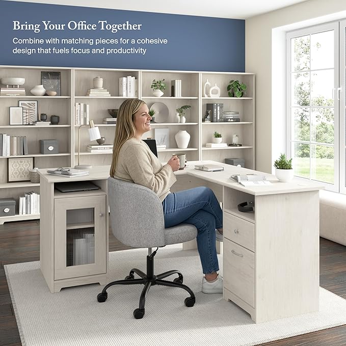 Bush Home Cabot 60W L Shaped Computer Desk with Storage in Linen White Oak 60-inch Corner Table with Drawers for Home Office Workspace