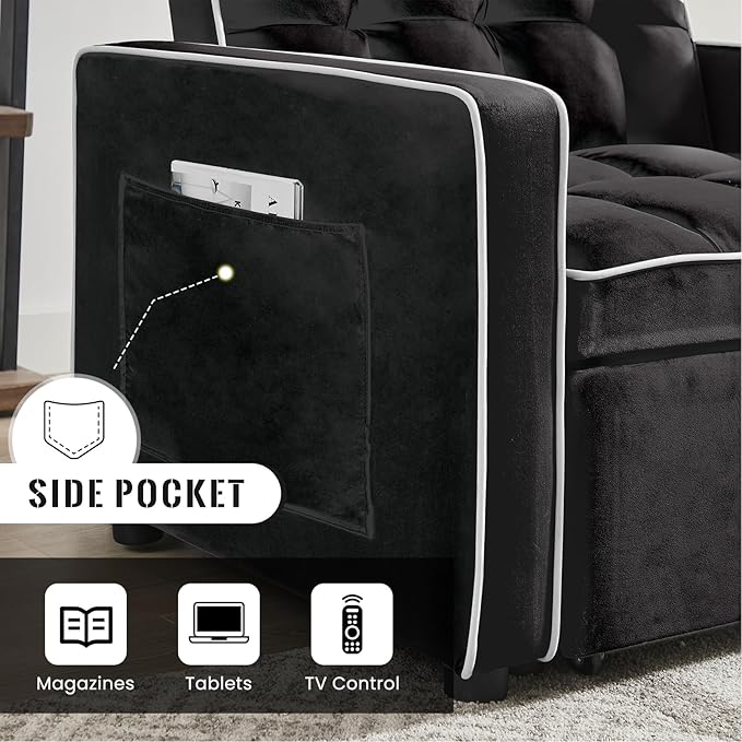 3 in 1 Velvet Sleeper Chair Pull Out Bed Convertible Single Sofa Bed Futon Modern Tufted Chair with Adjustable Backrest Pullout Sleeper Sofa Chair for Bedroom Living Room Indoor Lounge(Black)