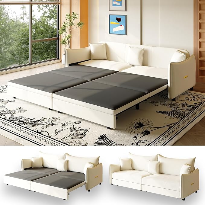 81.9 Sleeper Sofa Bed King Size 3-in-1 Convertible Couch Modern Pull Out Couches Comfy Velvet Futon Sofa Cloud Loveseat Lounge 3 Pillows for Small Spaces Living Room Gold Beige