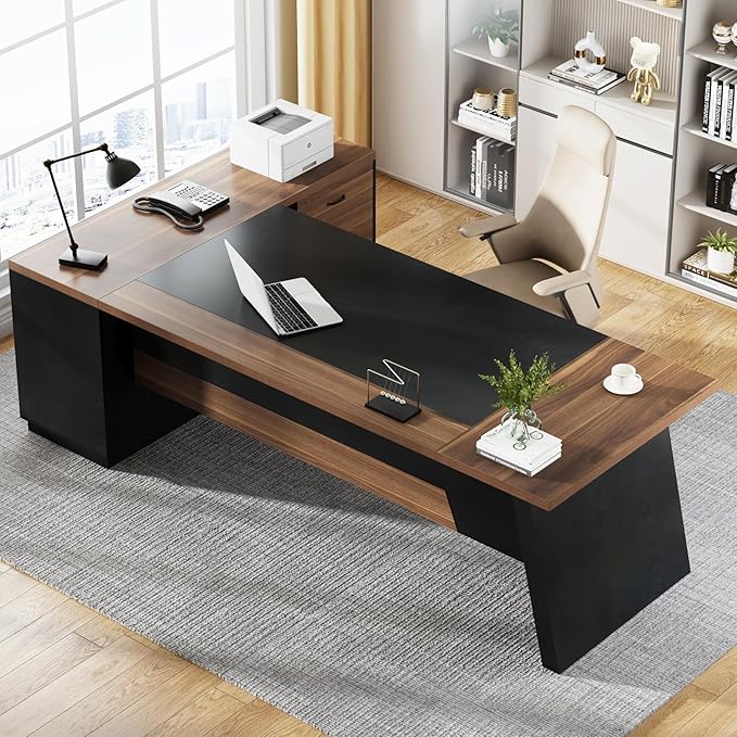 Tribesigns L-Shaped Executive Desk 78-Inch Modern Office Desk with Drawers and Lateral File Cabinet Large Bussiness Furniture with Storage Shelves Workstation for Home Office (Brwon + Black)