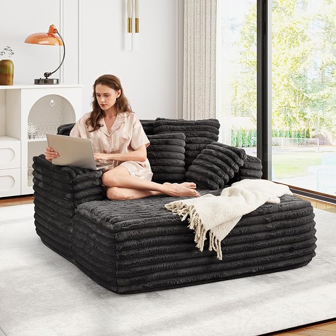 56 Oversized Chaise Lounge Chair IndoorPlush Faux Fur Sleeper Sofa Couch Bed with Pillows&ampWide ArmrestsFluffy Comfy Cloud CouchCompression Foam Couch for Living RoomBedroom(Black)
