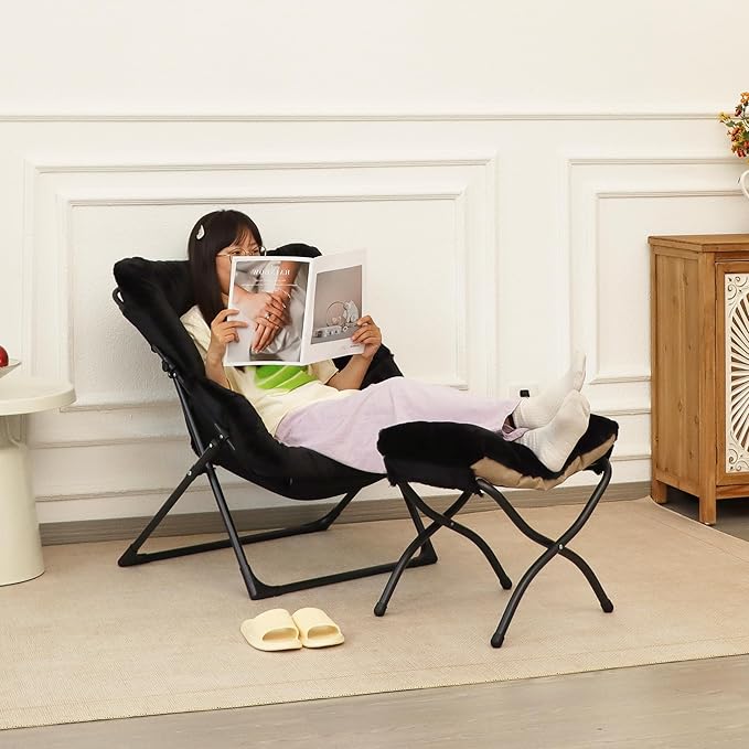 Comfy Saucer Chair for Adults Soft Faux Fur Bedroom Chair with Ottoman Accent Dorm Chairs Living Room Reading Chairs and Footstool Folding Seat for Teens X-Large Black