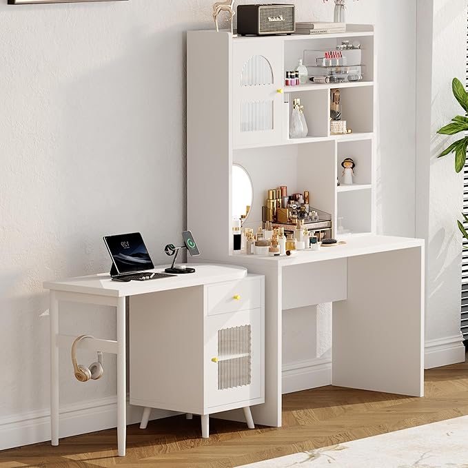 Bellemave Computer Desk with 90 Degree Rotating Desktop 43x70 Inch Home Office Desk with Drawer and Storage Cabinets Gaming Desk with Shelves Writing Desk for Study (White)