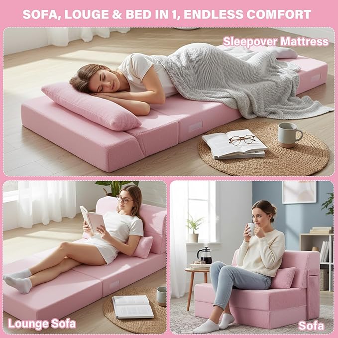 Tiita Convertible Folding Sofa Bed Twin Size for Adults with Pillow Plush Fabric Floor Mattress Couch Bed Washable Cover &amp Side Pocket Guest Room Dorm Apartment Living Room Pink