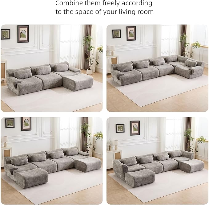148.2 Boneless Couches for Living Room Cloud Modular Sectional Sofa in a Box Memory Foam Modern Couch Big Comfy Compressed Sofas L Shaped Couch with Corner Bedroom Apartment Light Grey