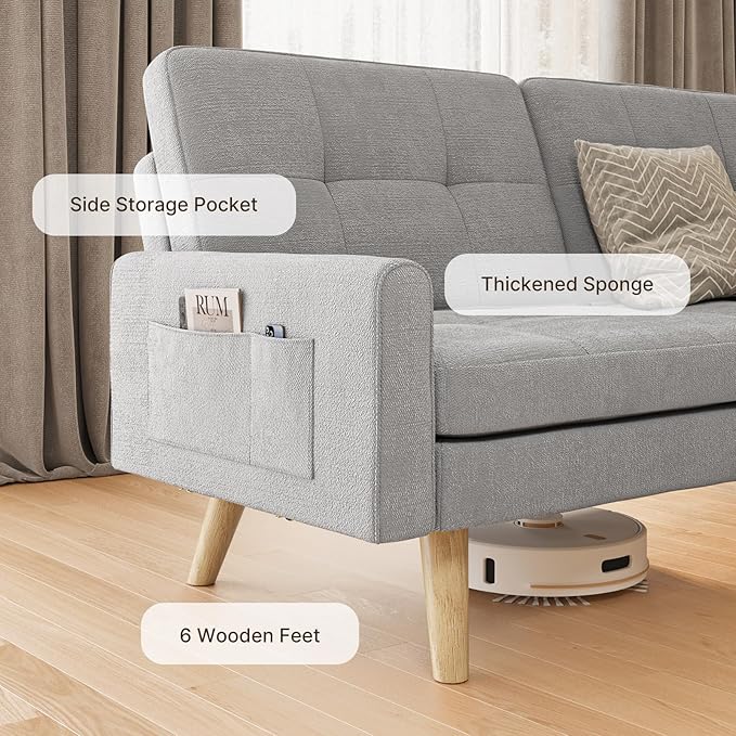 Gizoon 70.9 Sofa Bed Futon Couch Bed with Adjustable Backrest Modern Sleeper Sofa with Removable Armrest for Extended Length Love Seat for Living Room Office and Small Spaces Apartment Grey
