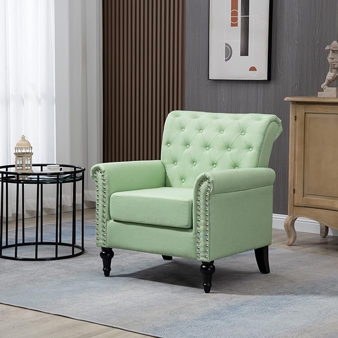 Mid Century Modern Accent Chair Linen Armchair wTufted BackWood Legs Upholstered Lounge Arm Chair Single Sofa for Living Room Bedroom Grass Green