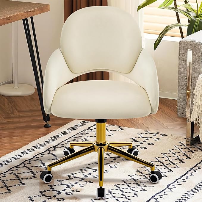 Furniliving Vanity Chair with Wheels Cute Upholstered Office Chair with Hollow-Out Back Height Adjustable Rockable Accent Chair with Gold Metal Base for Bedroom Makeup Room or Living Room (White)