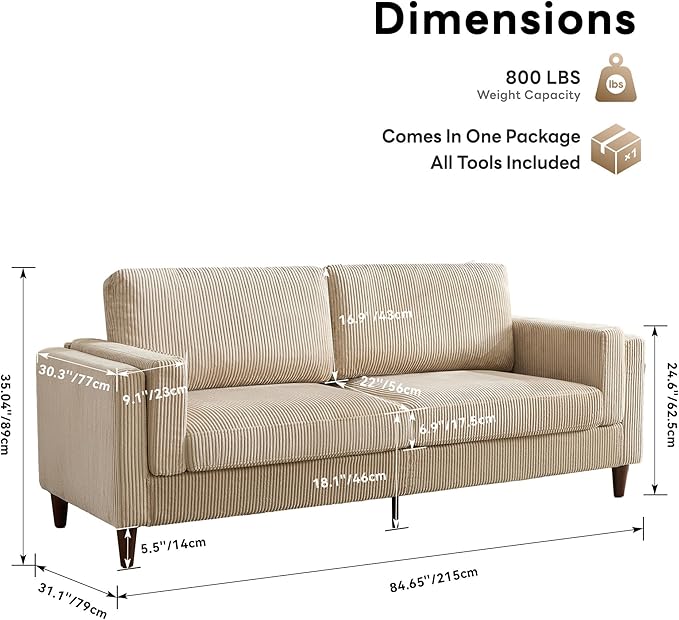Tbfit 85 Corduroy Couch for Living Room 3 Seater Mid Century Modern Sofa with Spring Cusions for Bedroom Small Comfy Upholstered Couches Easy Assembly with Solid Wood Legs Beige