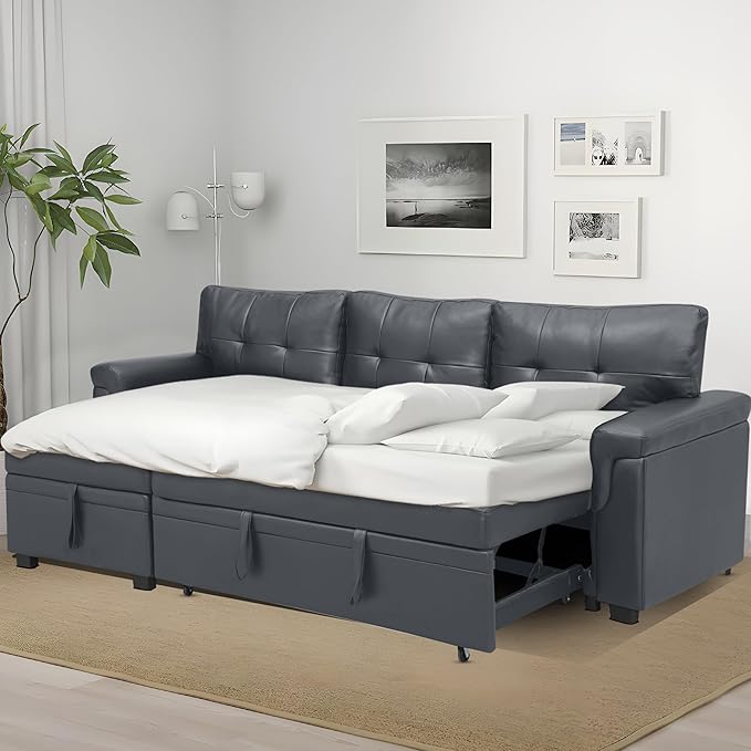Naomi Home L Shaped Sectional Couch with Storage &amp Pull Out Bed – 3-in-1 Convertible Sleeper Sofa Bed Small L Shape Sofa for Living Room Sofa Bed with Storage Chaise in Dark Gray Air Leather