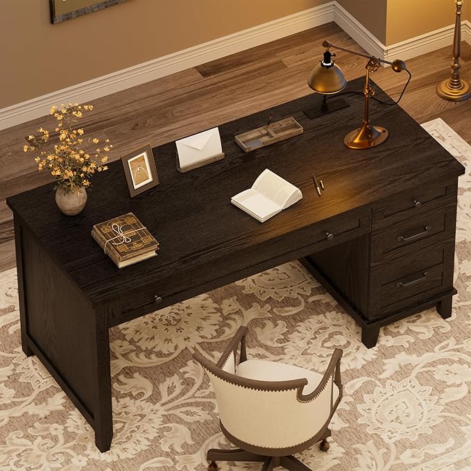 53.5 Farmhouse Home Office Desk with File Cabinet Wooden Executive Desk with Power Outlet Work Desk with Drawers Traditional Wood Desk for Home and Office Black