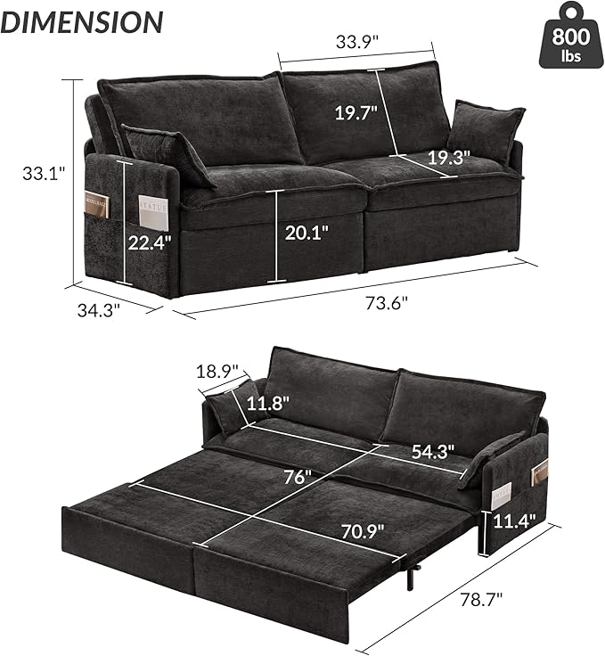 King Size Pull Out Couch3-in-1 Corduroy Sleeper Sofa with Pull Out Sofa BedUSB &amp Side StorageConvertible Loveseat Sleeper Couch for Living Room Bedroom pet-Friendly(Black 73.6'')