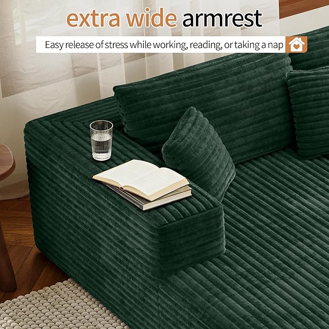 107 Modular Sectional Couches for Living Room Comfy L-Shaped Boneless Cloud Couch with Chaise Modern Deep Seat Corduroy Floor Sofa No Assembly Required (Left Facing Chaise Green) | High-density s