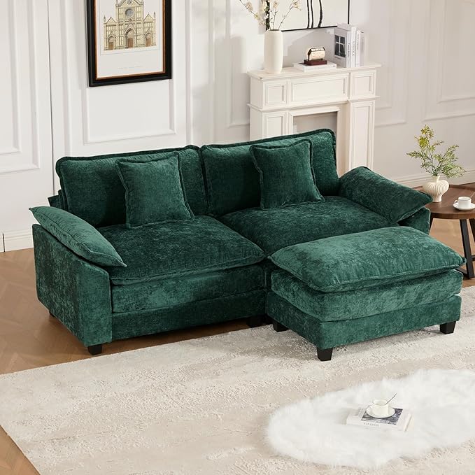 81.9 Modern Love Seat Sectional Couches for Living Room Green Chenille Comfy Cloud Sectional Couch Modular Loveseat Sofa for Living Room 1 Ottoman Sofas para Sala L Shaped Sofa (Green 2+1 Set)