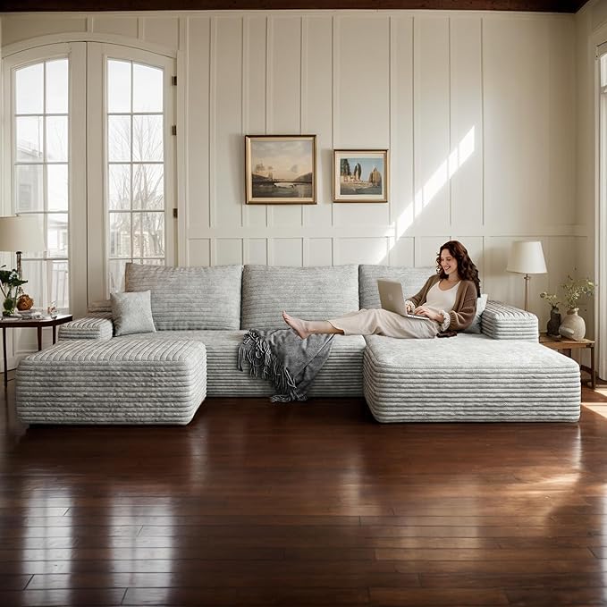 108 Corduroy Sectional Boneless Cloud Couch with Chaise No Assembly Required L Shaped Modular Sectional Sofa Oversized Cozy Fluffy Sofa for Living Room (Grey Right Facing Chaise+Ottoman) | Compre