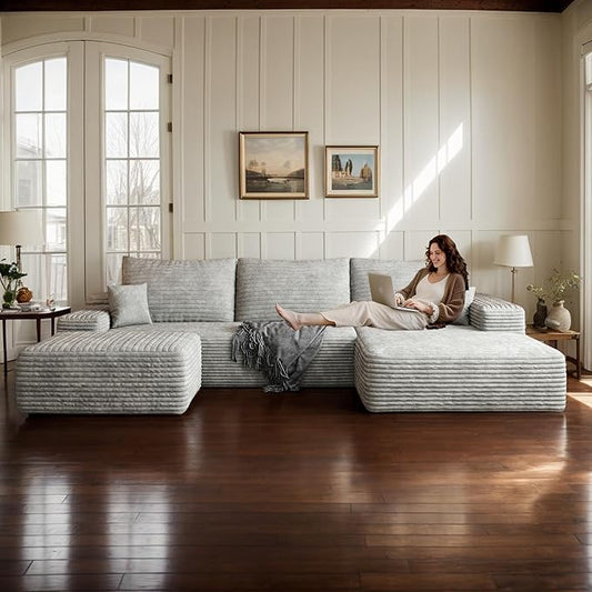108 Corduroy Sectional Boneless Cloud Couch with Chaise No Assembly Required L Shaped Modular Sectional Sofa Oversized Cozy Fluffy Sofa for Living Room (Grey Right Facing Chaise+Ottoman) | Compre