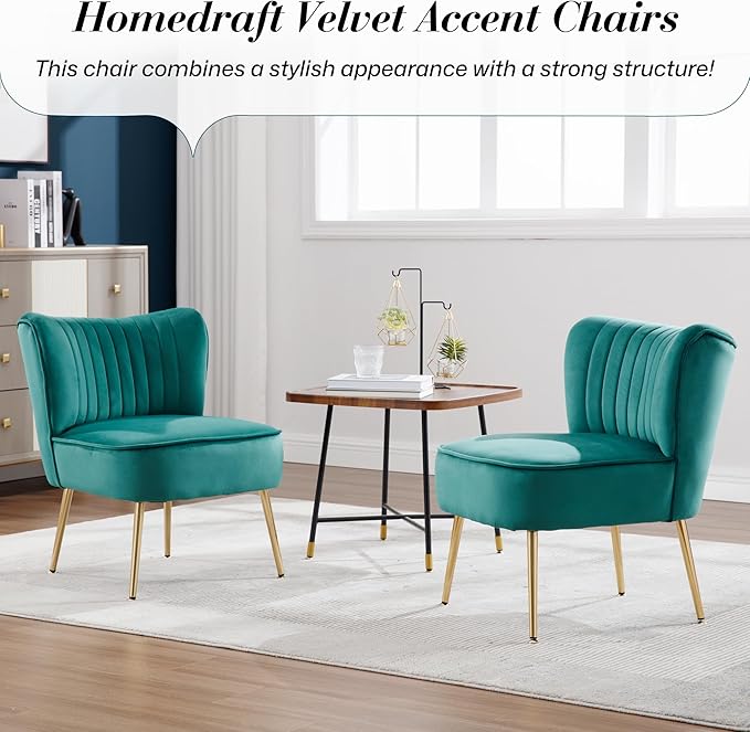 Velvet Accent Chair Set of 4 Comfy Upholstered Side Chair with Gold Metal Legs and Padded Seat Modern Small Corner Armless Living Room Chairs with Wing Back Dark Green