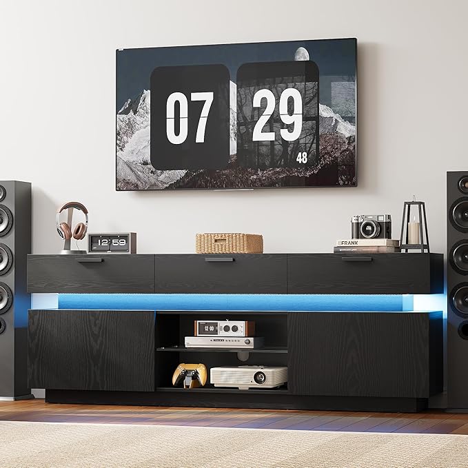 LIKIMIO Black TV Stand for TVs 85 inch Entertainment Center with Power Outlets &amp LED Lights TV Media Console Table with Cabinets Drawers and Open Storage Shelves Modern TV Stand for Living Roo