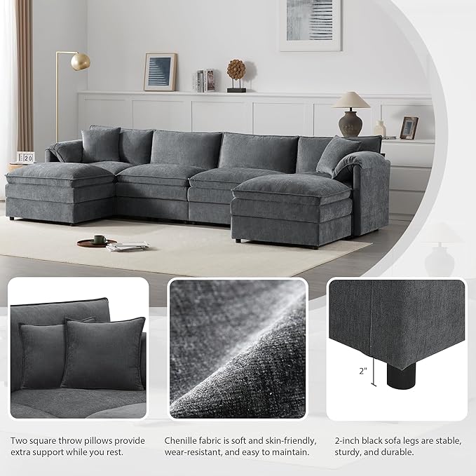 136 Chenille U-Shaped Modular Sectional Sofa with Deep and Wide SeatCloud Couch Set with Double Cushions6 Seat Sofa with Movable Ottomanfor Living Room Apartment Office (Dark Gray#h)