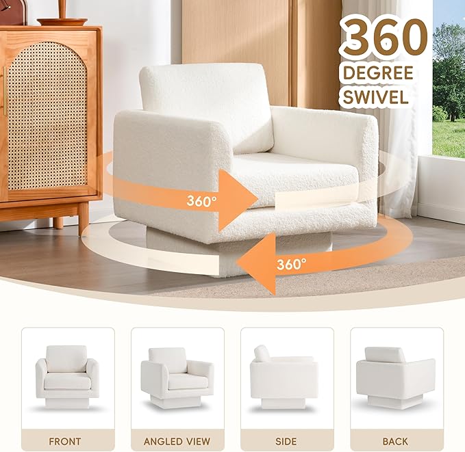 360° Swivel Modern Accent Chair 30 W Teddy Velvet Sherpa Fabric Armchair Thick Padded Upholstered Barrel Chair Comfy Lounge Sofa Reading Club Chair for Living Room Bedroom Nursery (Cream)