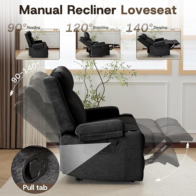 55 Loveseat Recliner Sofa with Cup Holders Manual Double Reclining Couch in Chenille Fabric Wide Seat &amp Side Pockets for Living Room Small Spaces Apartment and RV