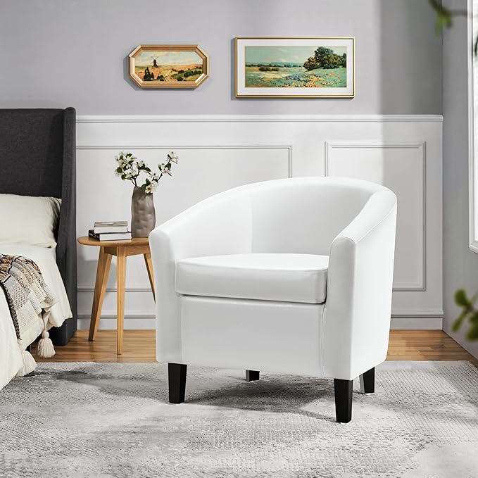 Yaheetech White Leather Chair Faux Leather Accent Chair Modern Barrel Chair Comfy Club Chair with Soft Padded and Solid Legs for Living Room Bedroom Reception Room White