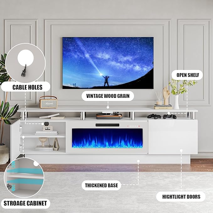 80 Modern Fireplace TV Stand with 36 Electric Fireplace for TVs Up to 90 inch Luxury LED Light Entertainment Center with High Gloss Cabinet White + Silver Posts with White Fireplace