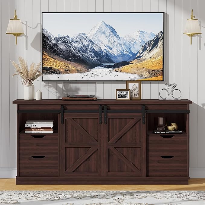 JUMMICO TV Stand with 4 Drawers for 65 Inch TV Farmhouse Entertainment Center with Storage and Sliding Barn Doors Rustic Media TV Console Cabinet with Shelves for Living Room Bedroom (Rustic Oak)