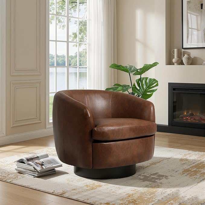 UIXE PU Leather Swivel Barrel Accent Chair Comfy Round Upholstered Armchair Reading Chair for Living Room Barrel Club Chairs Bedroom Brown