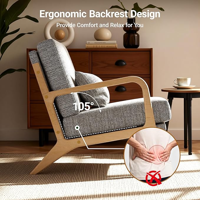 Claiks Mid-Century Modern Accent Chair Living Room Armchair with Solid Wood Frame &amp Lumbar Pillow Comfy Upholstered Lounge Chair for Bedroom Office Linen-Like Fabric Dark Gray