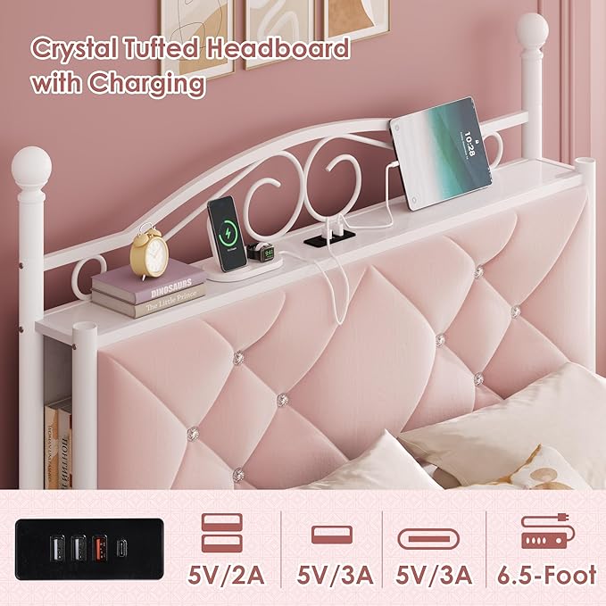 Queen Upholstered Canopy Bed Frame with 2 Drawers &amp Crystal Tufted Storage Headboard Two-Purpose Metal Platform Bed with 4 Removable Posts &amp Charging Station Pink Princess Bed Curtain Not Inc