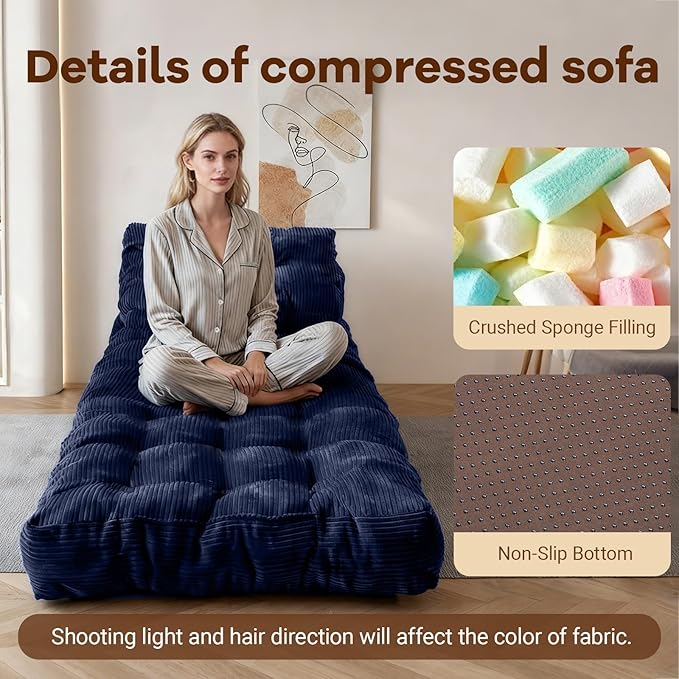 Folding Sofa Bed Convertible Floor Sleeper Chair Comfy Futon Floor Couch 2 in 1 Pull Out Single Boneless Sofa for Living Room Bedroom No Assembly (Corduroy Blue A)