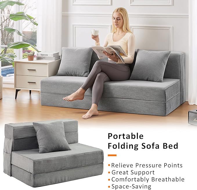 Twin Size Folding Sofa Bed - 4 in 1 Convertible Sleeper Chair with Pillow - High Density Memory Foam Futon Couch - Foldable Bed for or Living Room Bedroom (Dark Grey)
