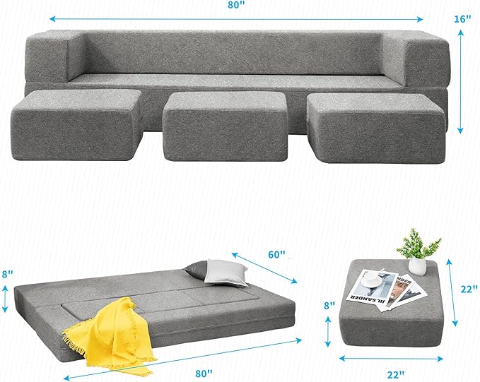 Mjkone Convertible Futon Sofa Bed Multifunctional Sleeper Sofa Queen Size Velvet Memory Foam Fold Out Couch with 3 Ottomans Guest Sleeper for Living Room Fashionable Light Gray