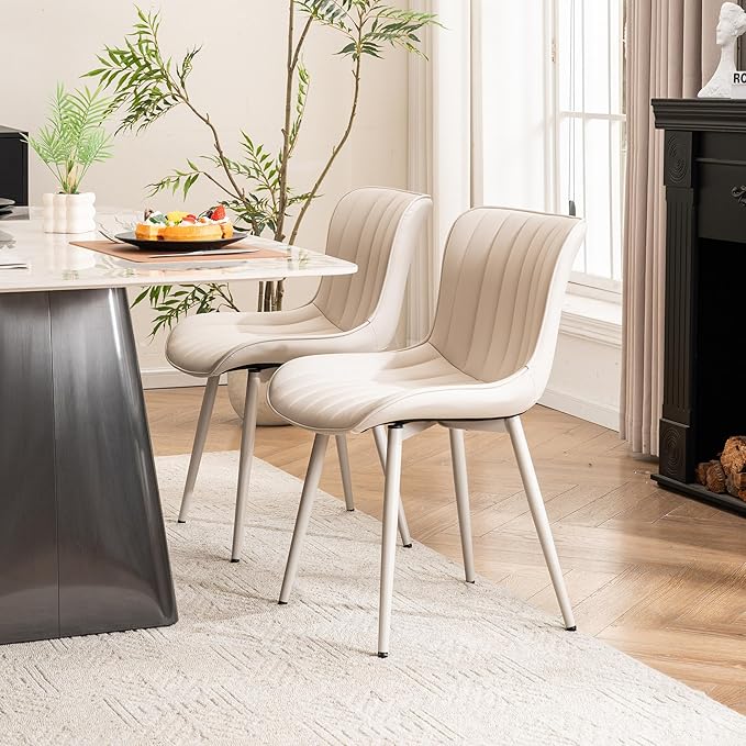 YOUNUOKE Mid-Century Modern Dining Chairs Set of 2 Cream PU Leather Upholstered Kitchen Chairs with Cream Metal Legs Armless Accent Chair for Dining Room Guest Reception Room