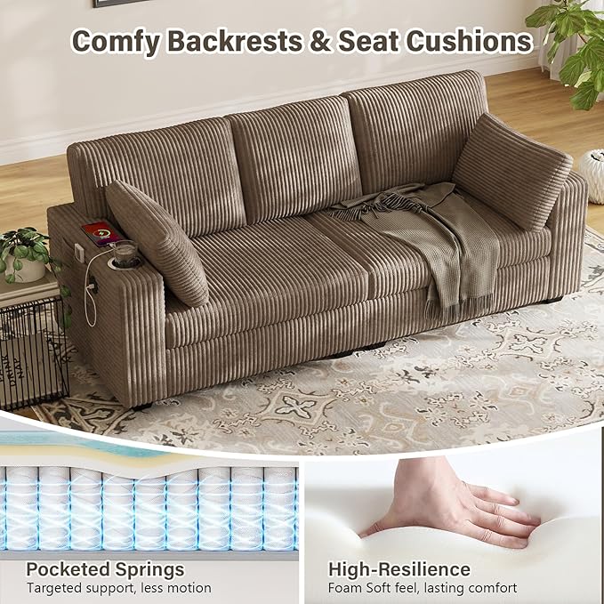 OUYESSIR 80 Loveseat Sofa for Living RoomModern Sofa with USB Charging Ports &amp Cup HoldersComfy Corduroy Couch with Upholstered Cushion3 Seater Deep Seat Couch for Small SpaceBedroom Light Br