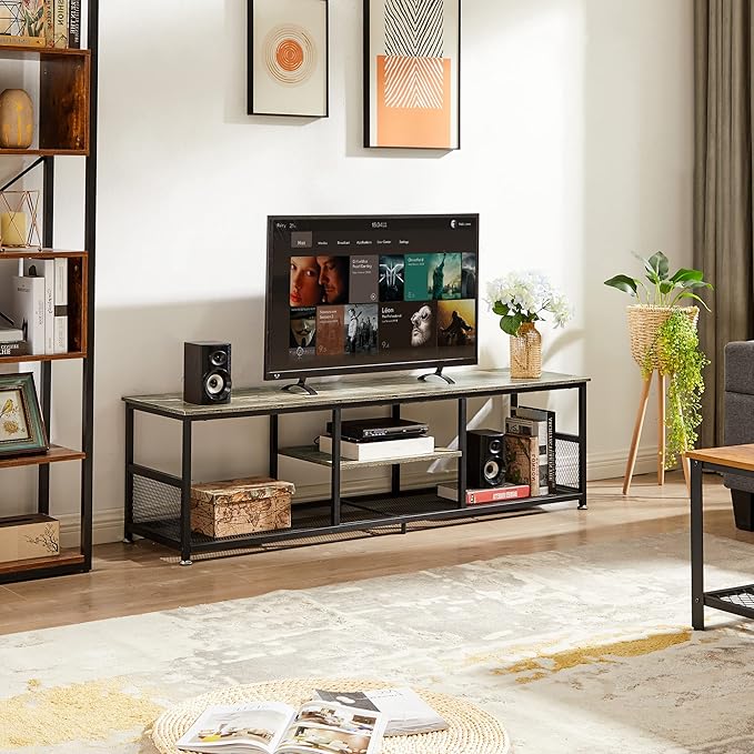 VECELO TV Stand for Televisions up to 80 Inch 70 Entertainment Center with Open Storage Shelves for Living Room/Bedroom 3 Tiers Media Console Table Frame 70 Inches Grey +Metal