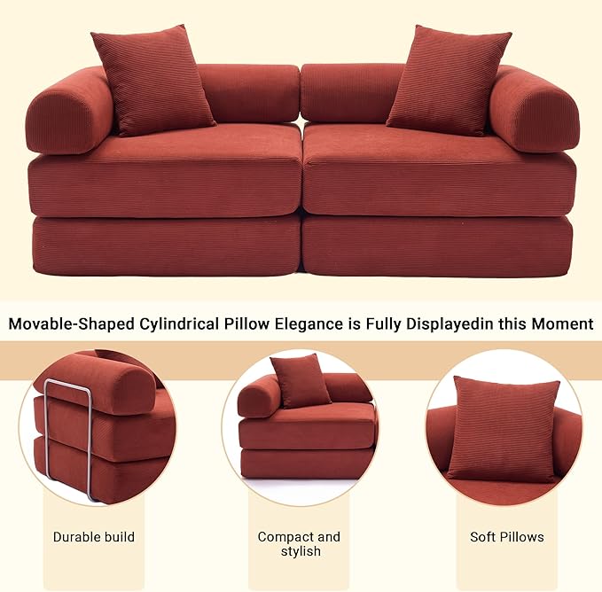 73 Convertible Sleeper Sofa Bed Corduroy Boneless Couch in a Box 4-in-1 Folding Mattress Loveseat Couch Comfy Modular Foldable Floor Sleeper Sofa with 2 Pillows and Fixed-Shape Frame (Red 73)