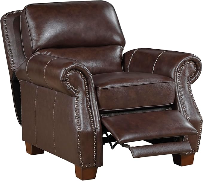 Lexicon Push Back Reclining Chair Top Grain Leather Match Push Back Recliner Chair with Nailhead Trim Rolled Arms Solid Wood Legs for Living Room/Apartment/Office Easy Assembly Brown