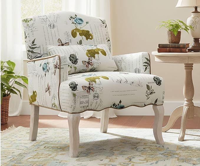 Floral Accent Chair with Arms Linen Fabric Modern Arm Chair with Removable Pillow Upholstered Corner Reading Chair Comfy Single Sofa for Living Room/Bedroom/Fireplace Beige-Butterfly Pattern