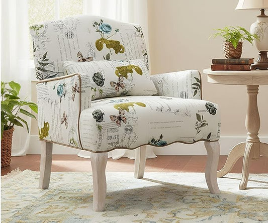 Floral Accent Chair with Arms Linen Fabric Modern Arm Chair with Removable Pillow Upholstered Corner Reading Chair Comfy Single Sofa for Living Room/Bedroom/Fireplace Beige-Butterfly Pattern